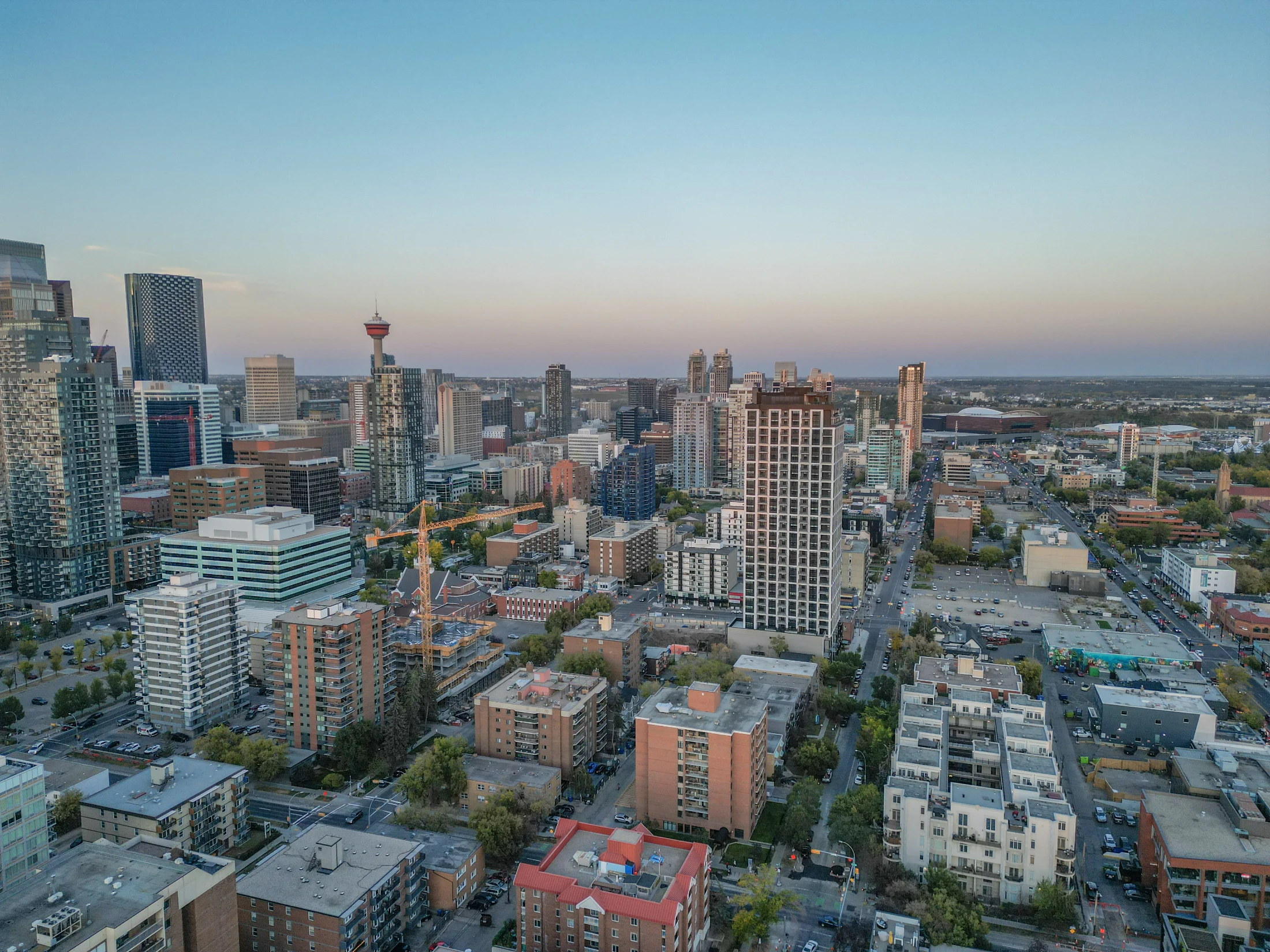 Aerial of mid-rise condos and older buildings near downtown