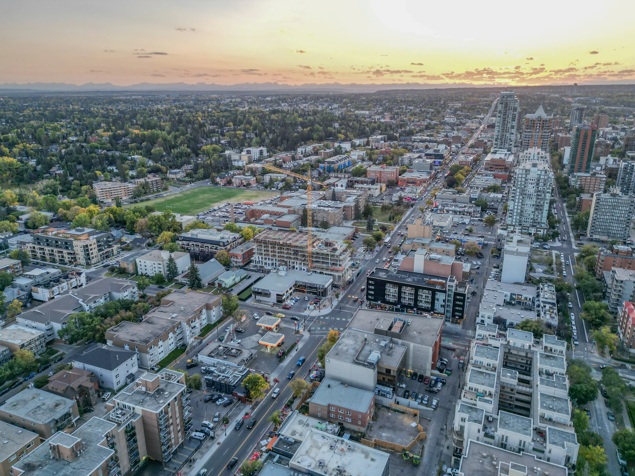 Aerial of a residential neighbourhood with a sports field and the city skyline