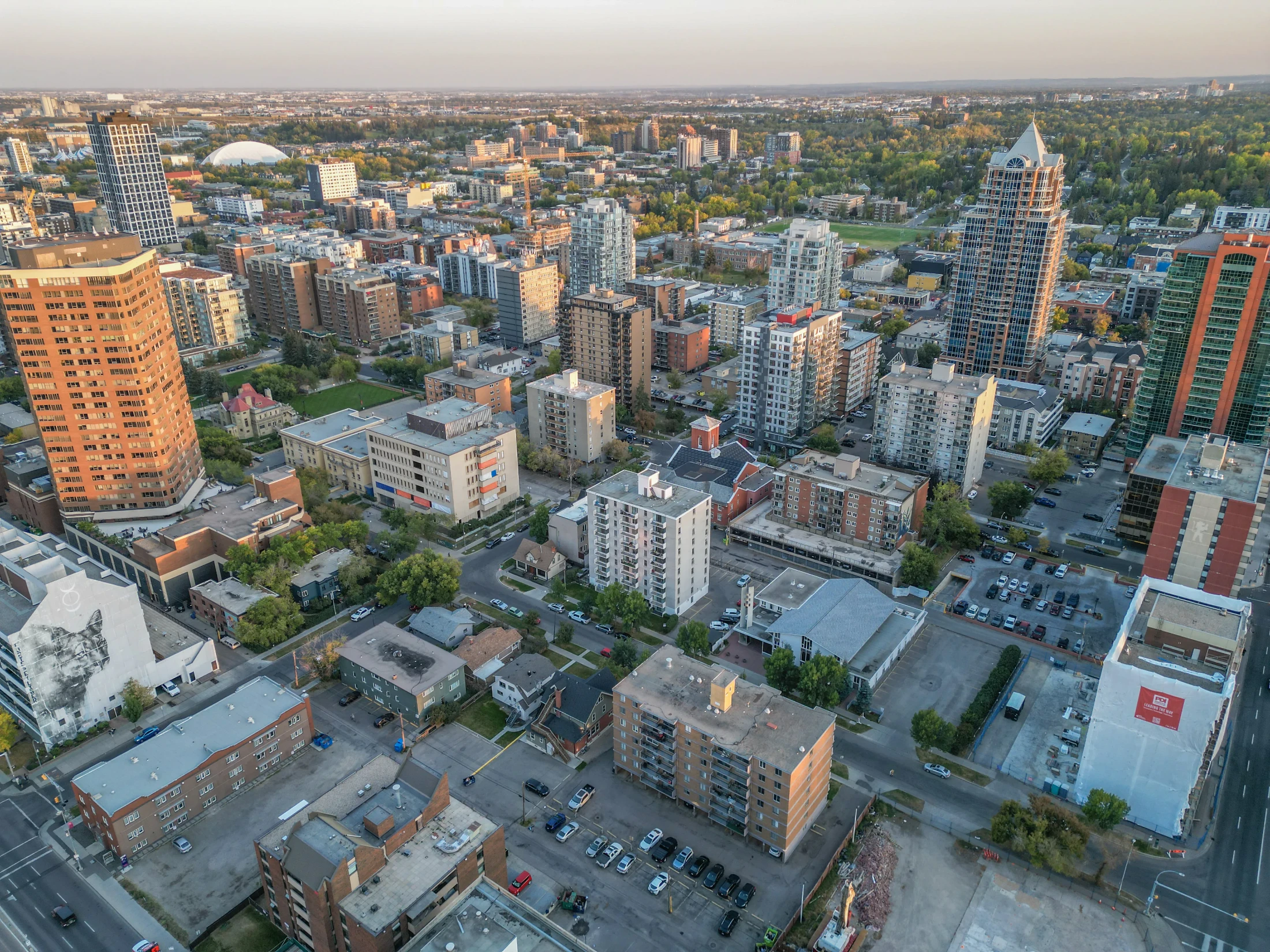 Aerial of mid-rise condos and older apartments near downtown
