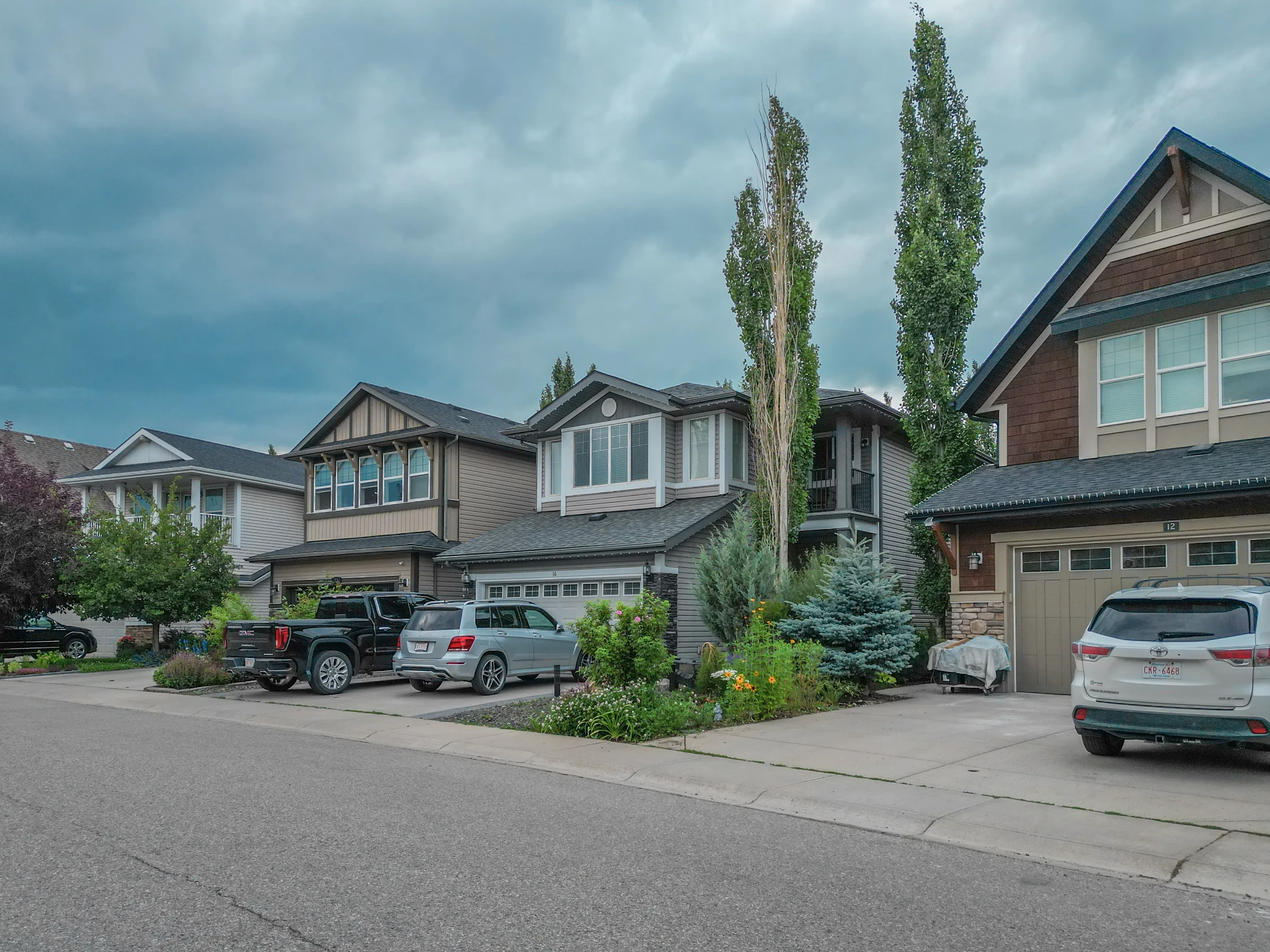 Two-storey homes behind tall trees on a northwest Calgary street