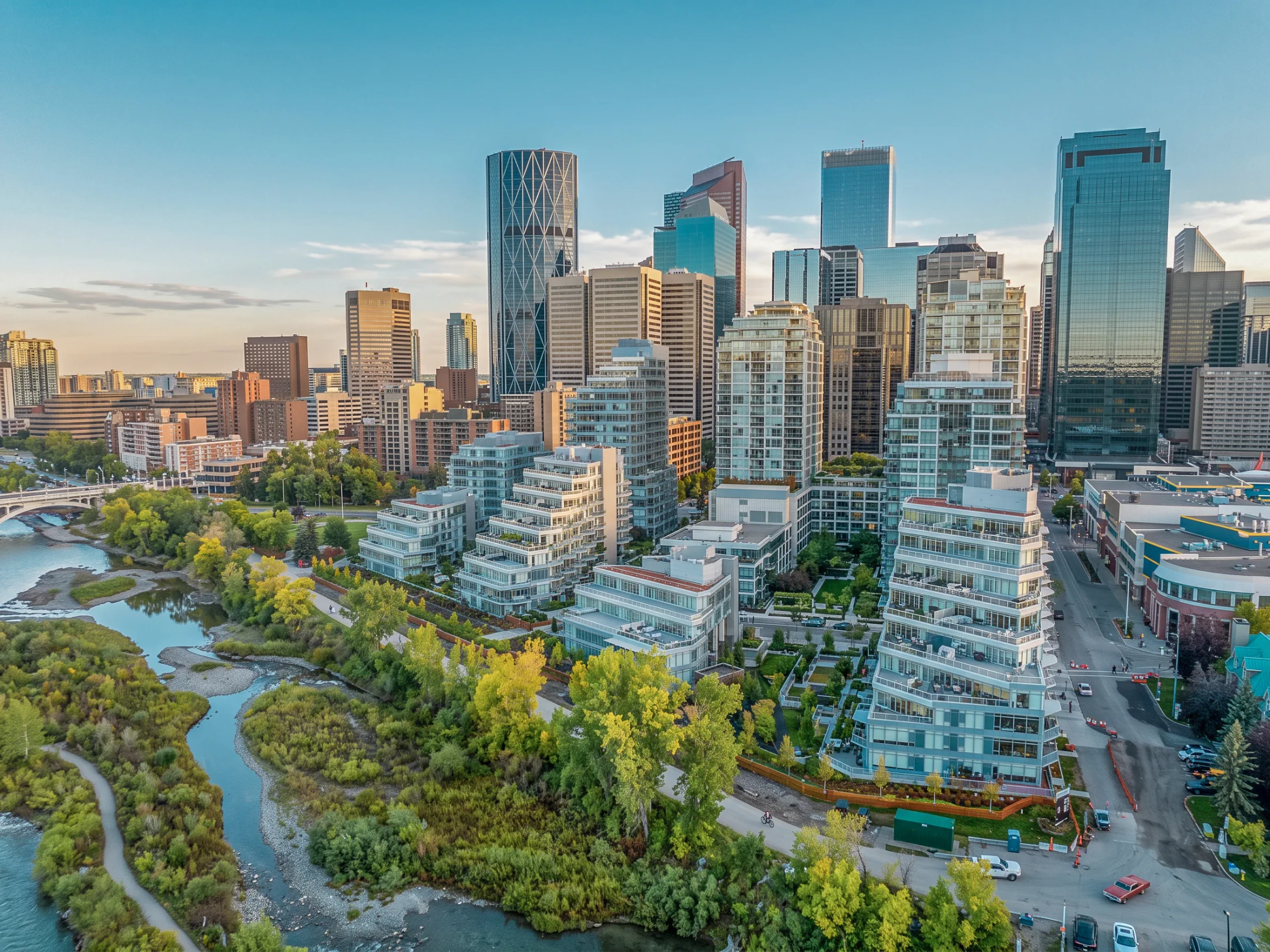 Bow River and riverside parkland with downtown towers