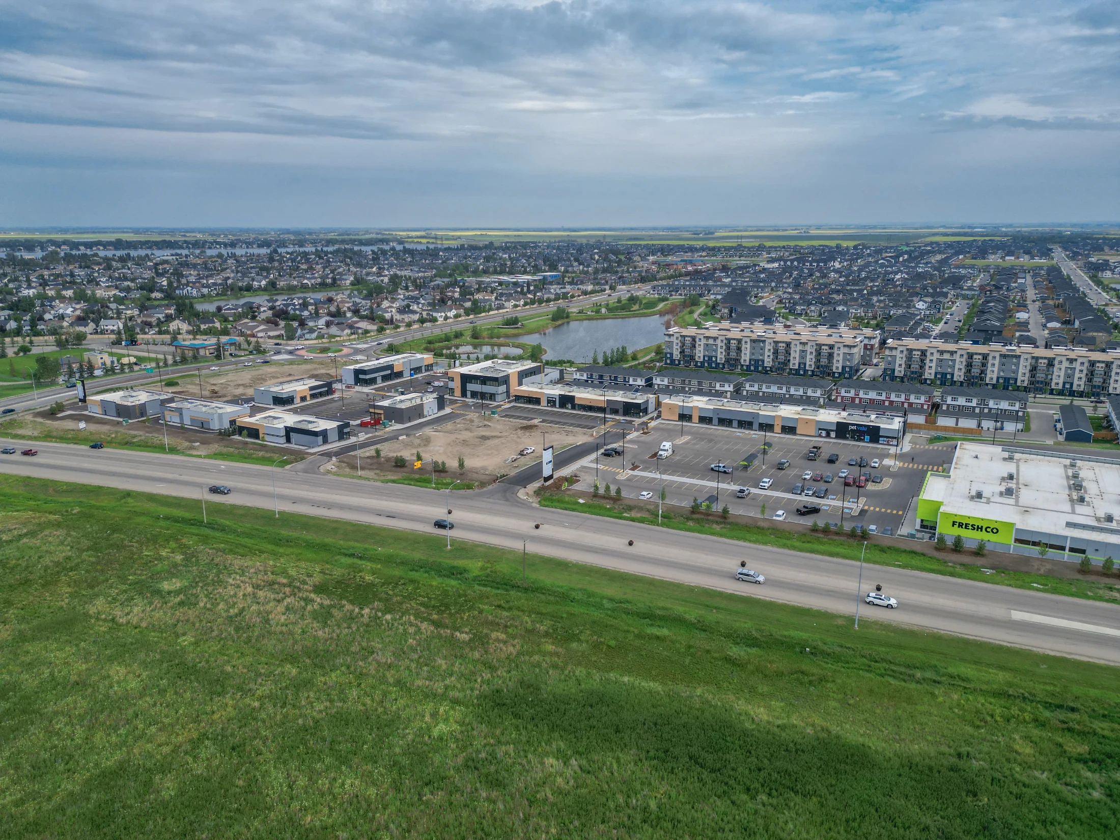Aerial view of the Bridgeport area on the west side of Chestermere, Alberta