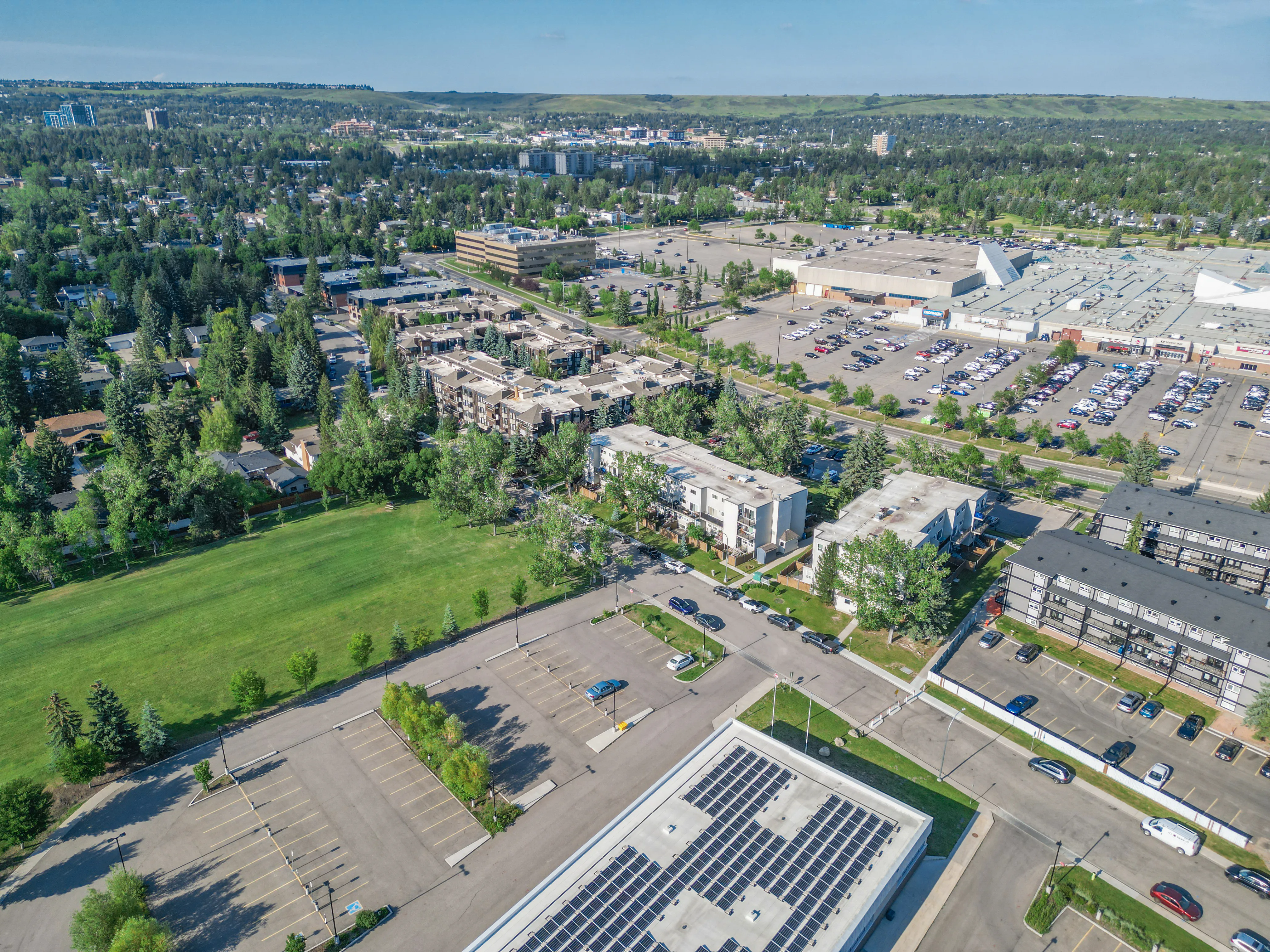 Aerial view of the Market Mall area and nearby homes in northwest Calgary