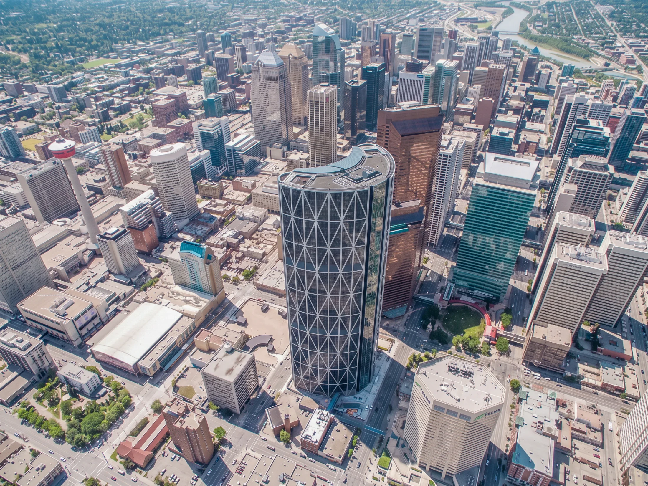 Aerial of The Bow and nearby towers in downtown Calgary