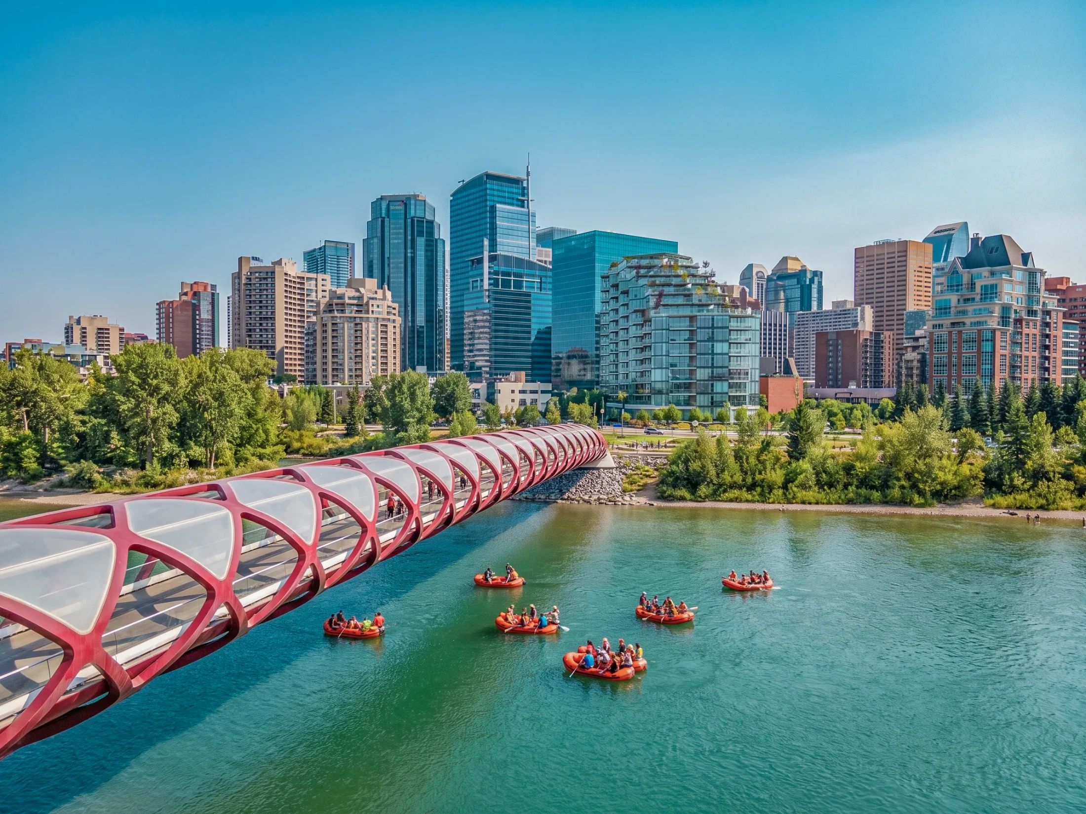 Red pedestrian bridge over the Bow River with rafters and downtown towers behind