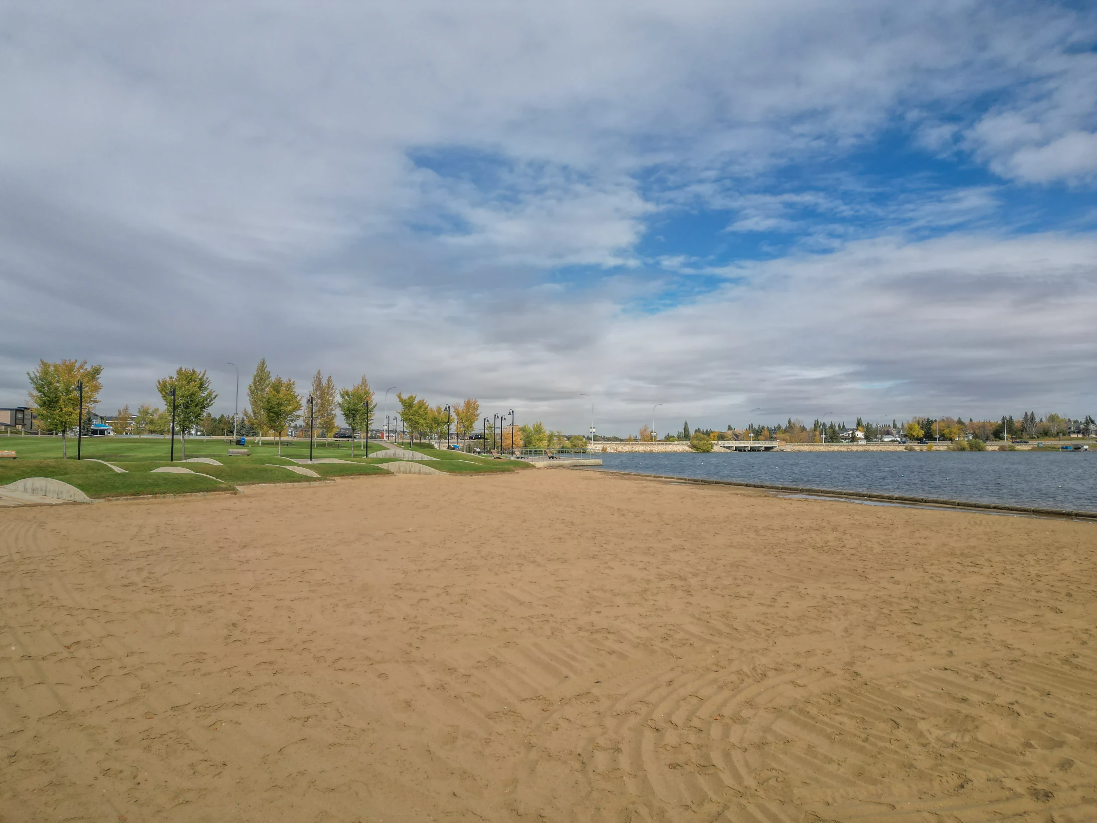 Lakeside park and shoreline in Chestermere, Alberta, near Westmere