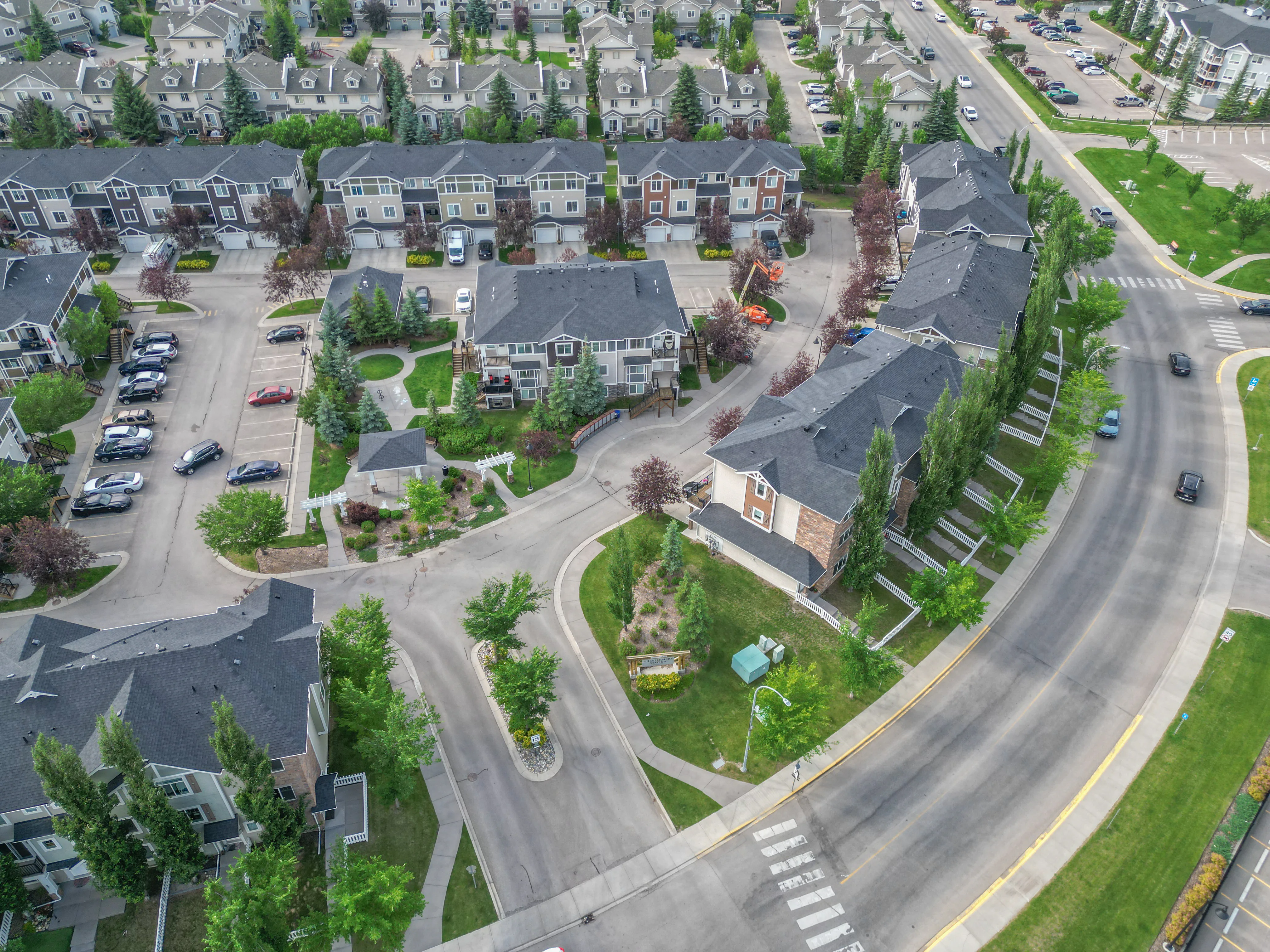 Aerial view of homes on the west side of Chestermere, Alberta, near Chelsea