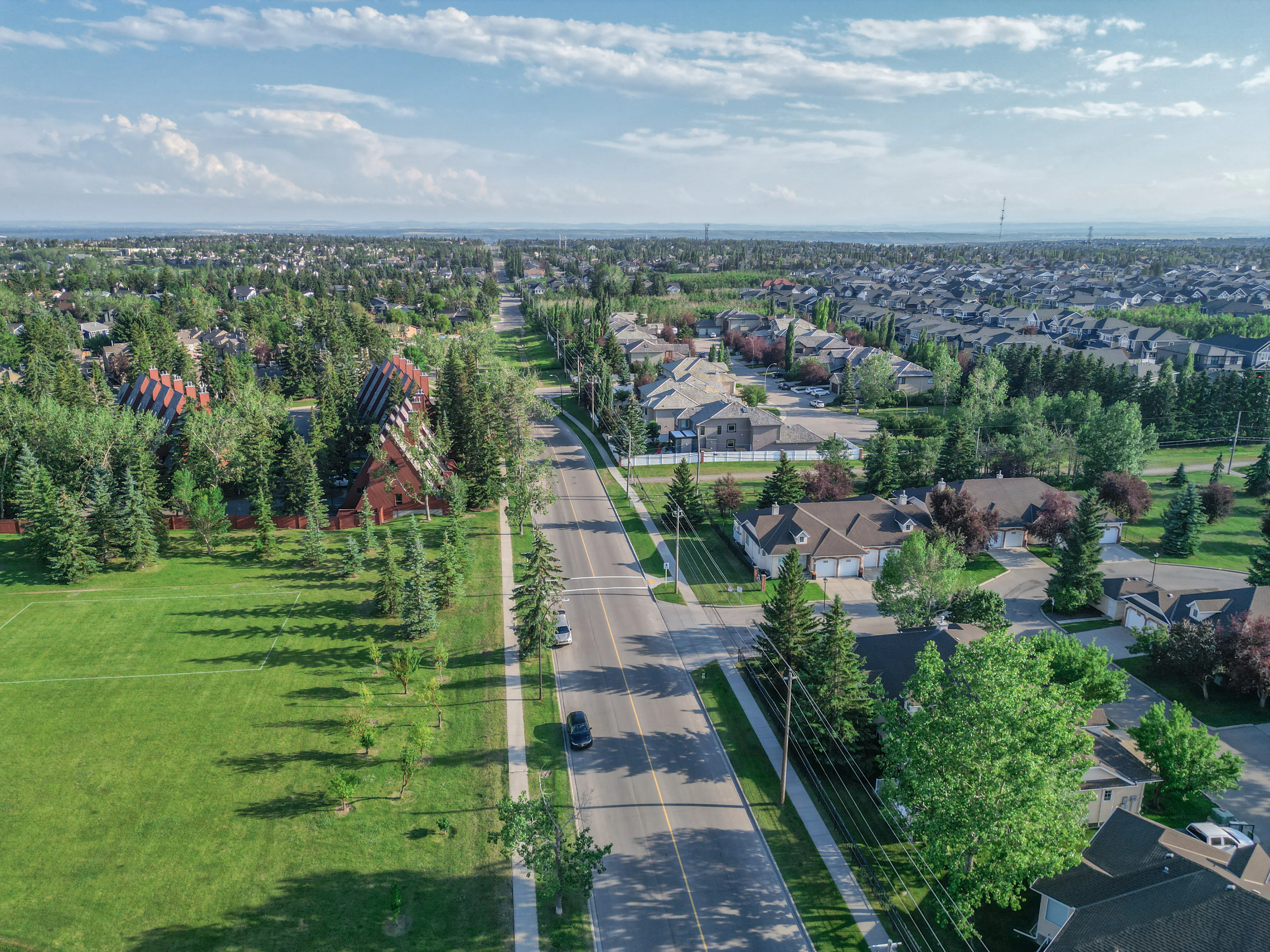 Paved pathway through a treed park with homes in the distance