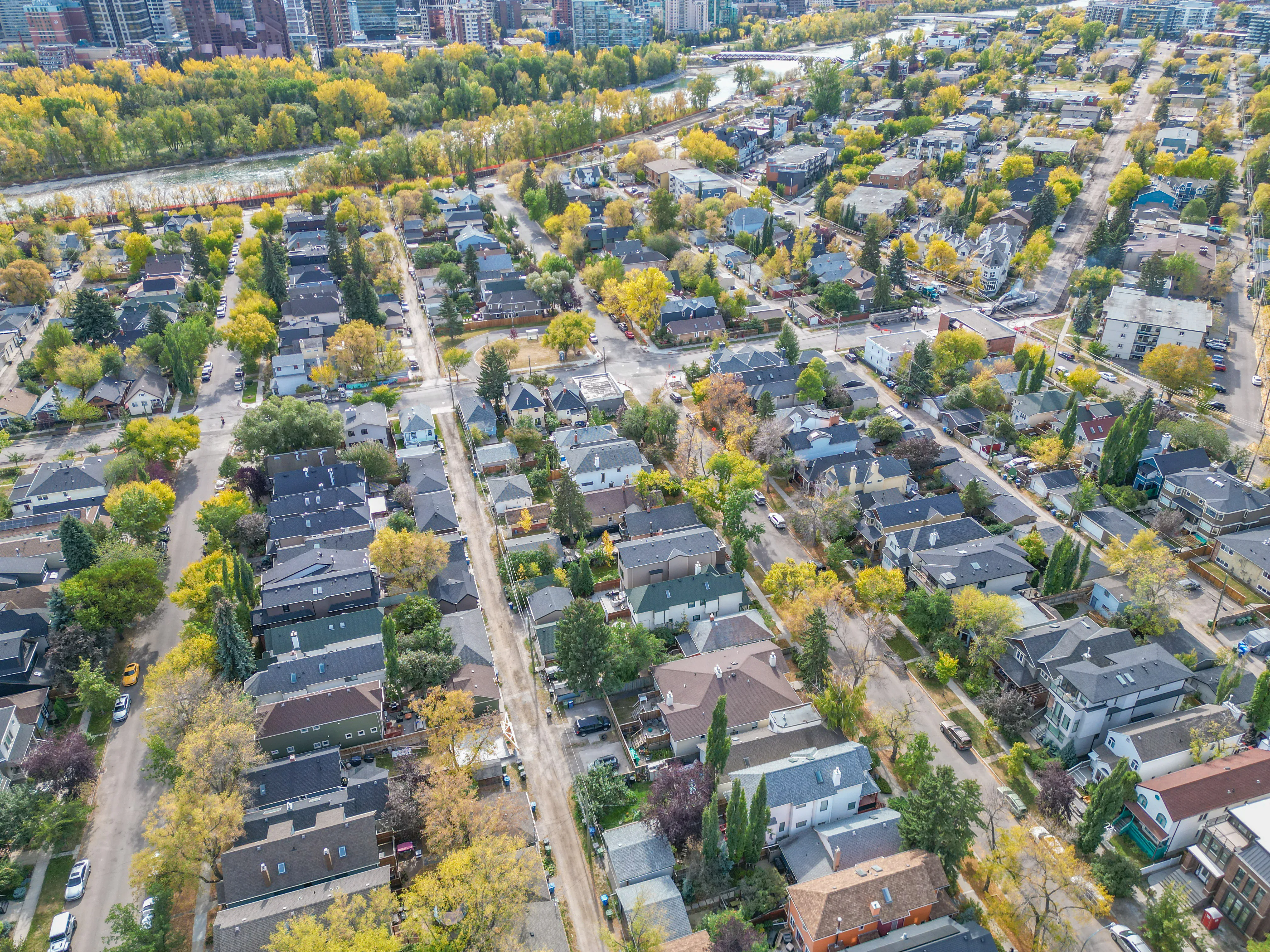 Aerial of an older neighbourhood with large homes under mature trees