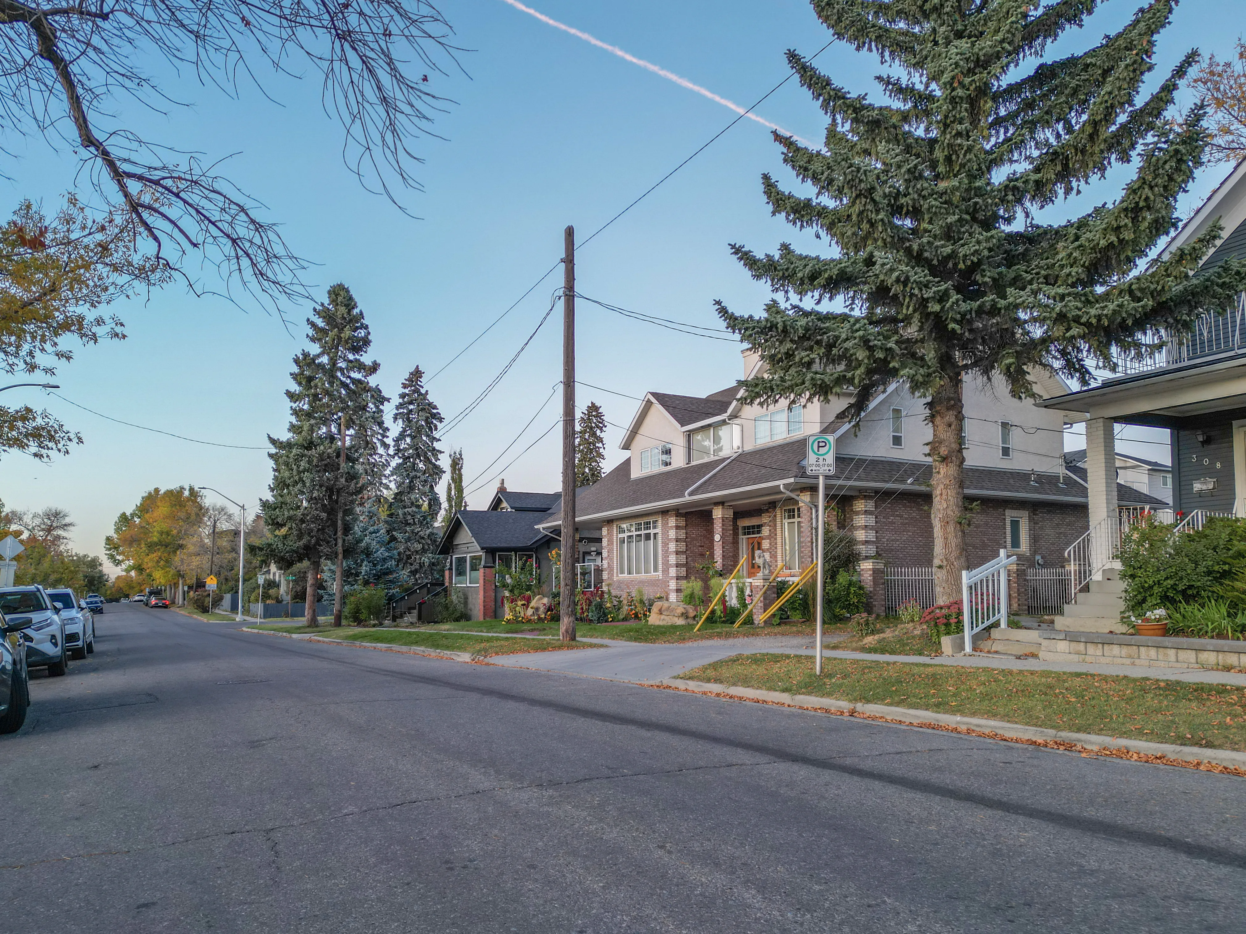 Character homes with tall evergreens on a quiet residential street