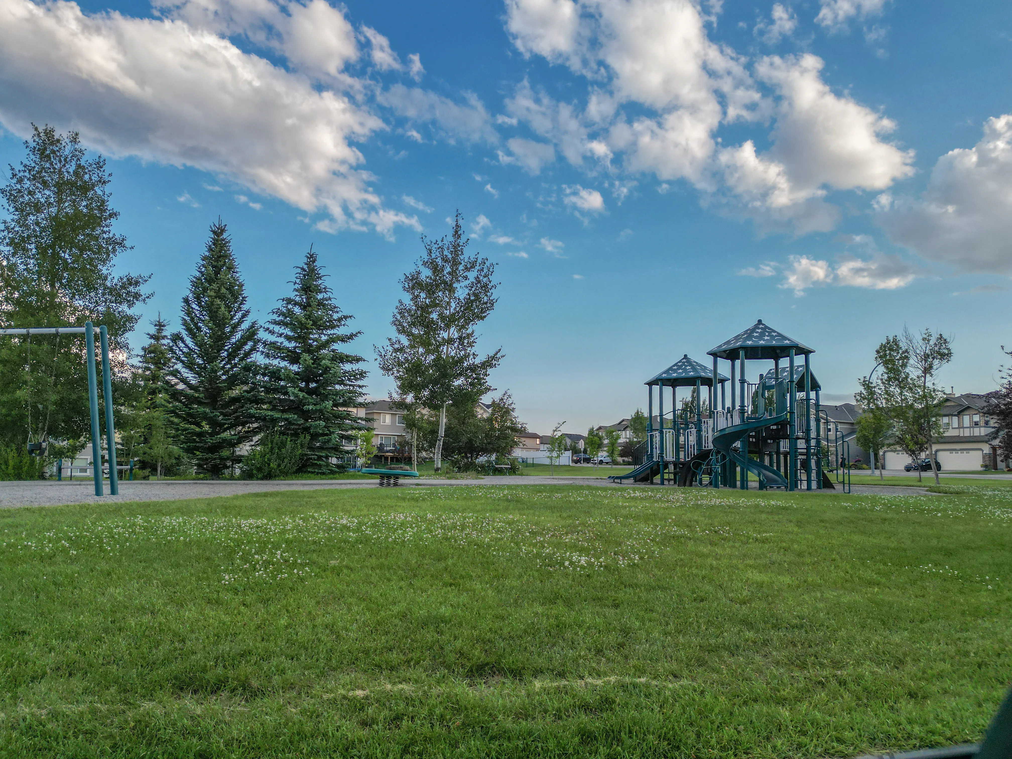 Playground and green space with spruce trees