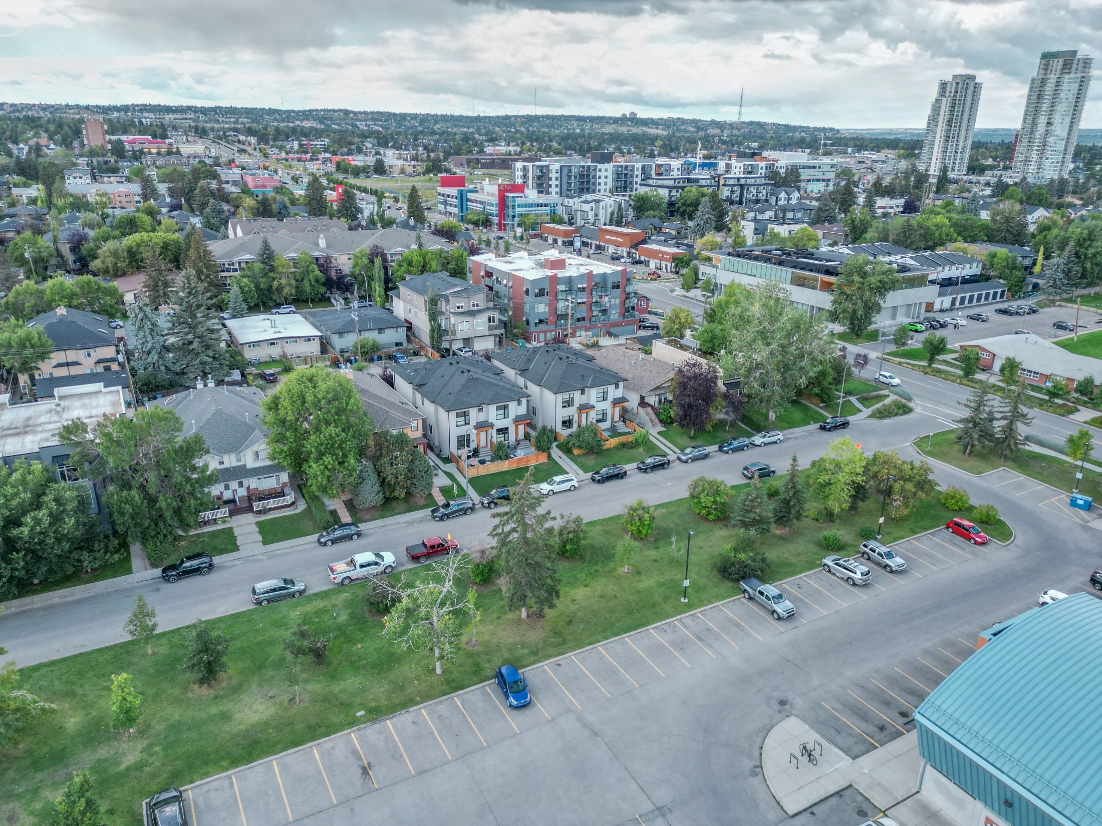 Aerial of an older inner-city neighbourhood with mature trees