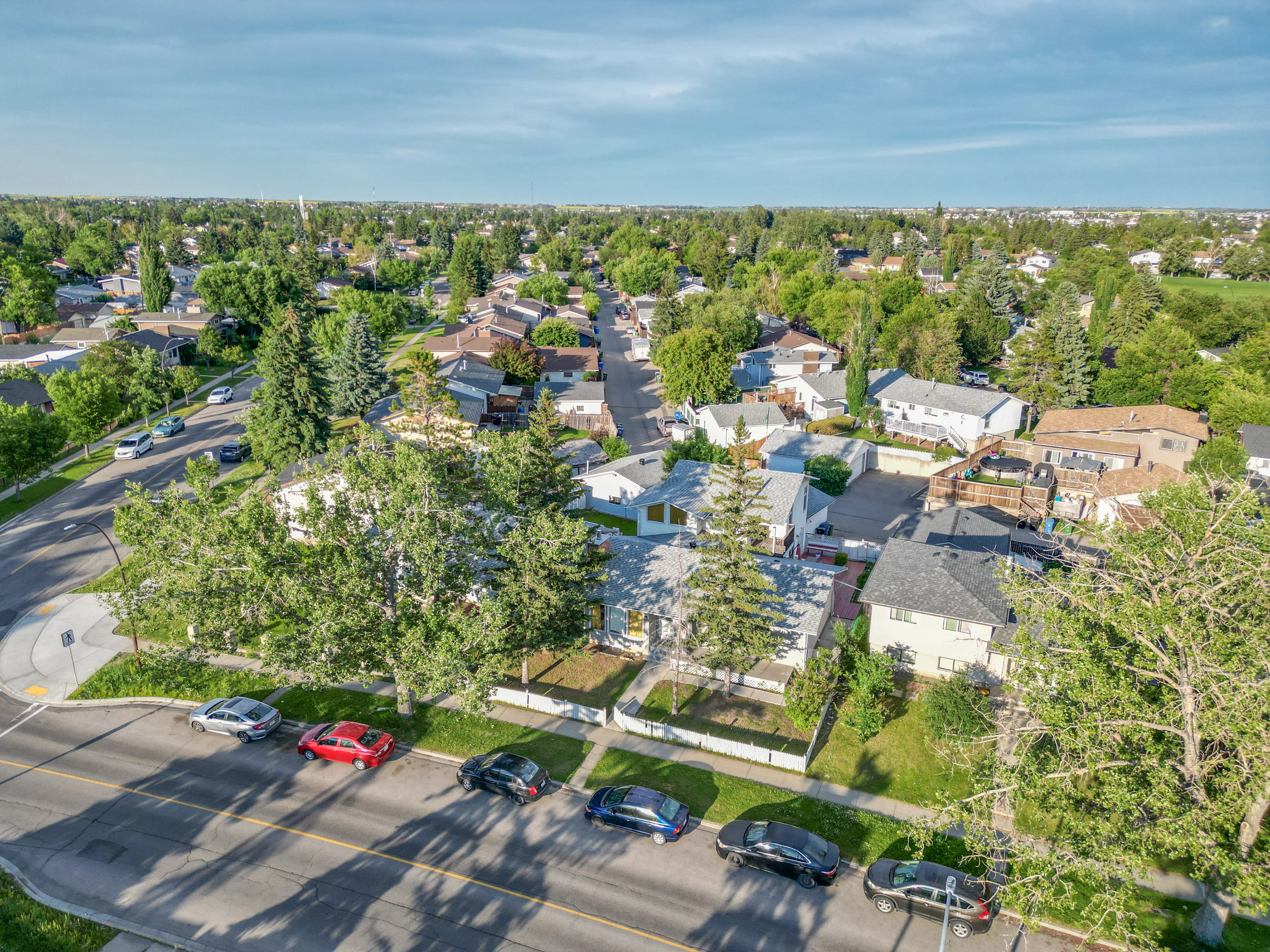 Aerial of older homes on a crescent among mature trees