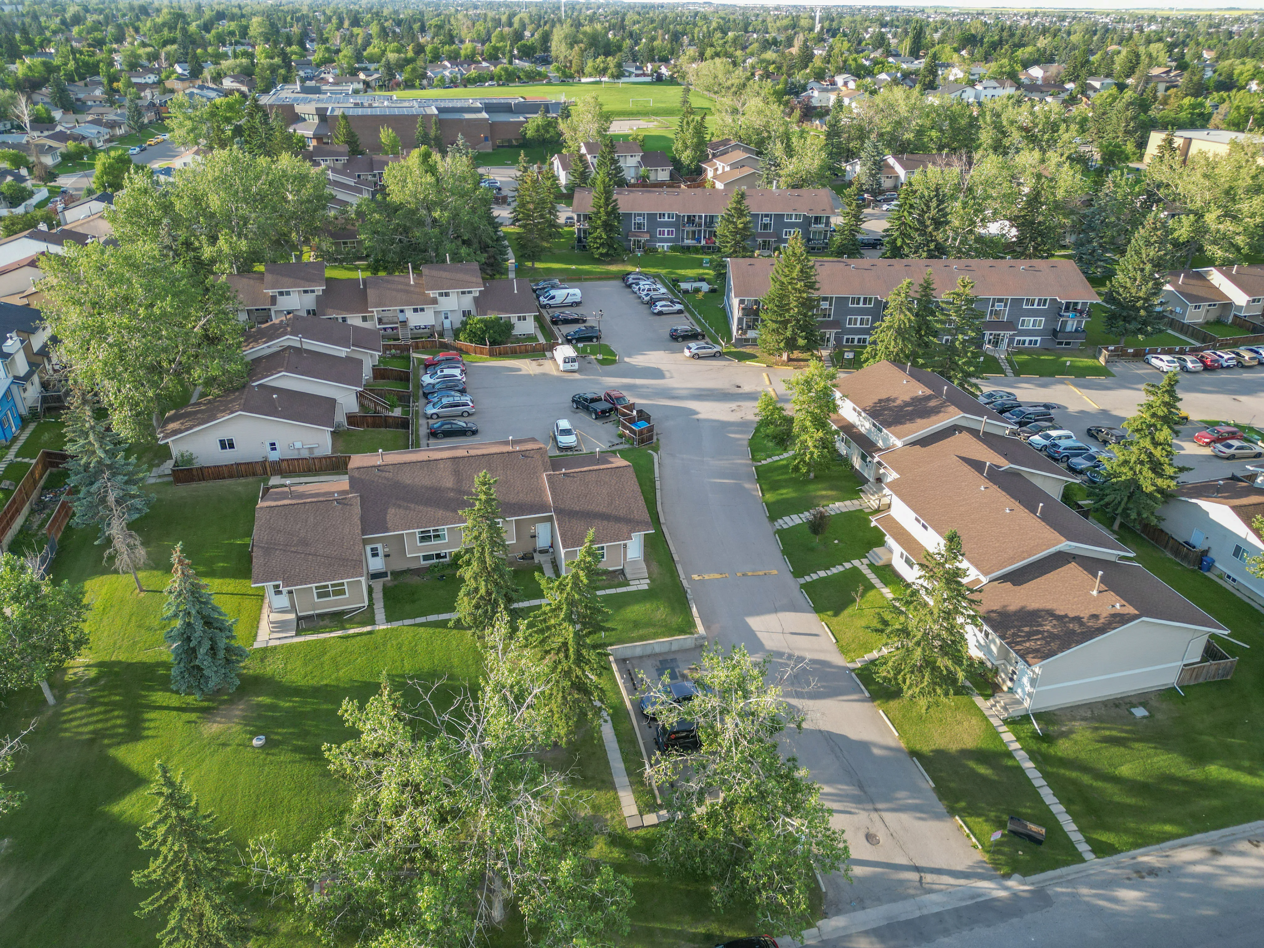 Aerial of townhouses among tall trees and lawns