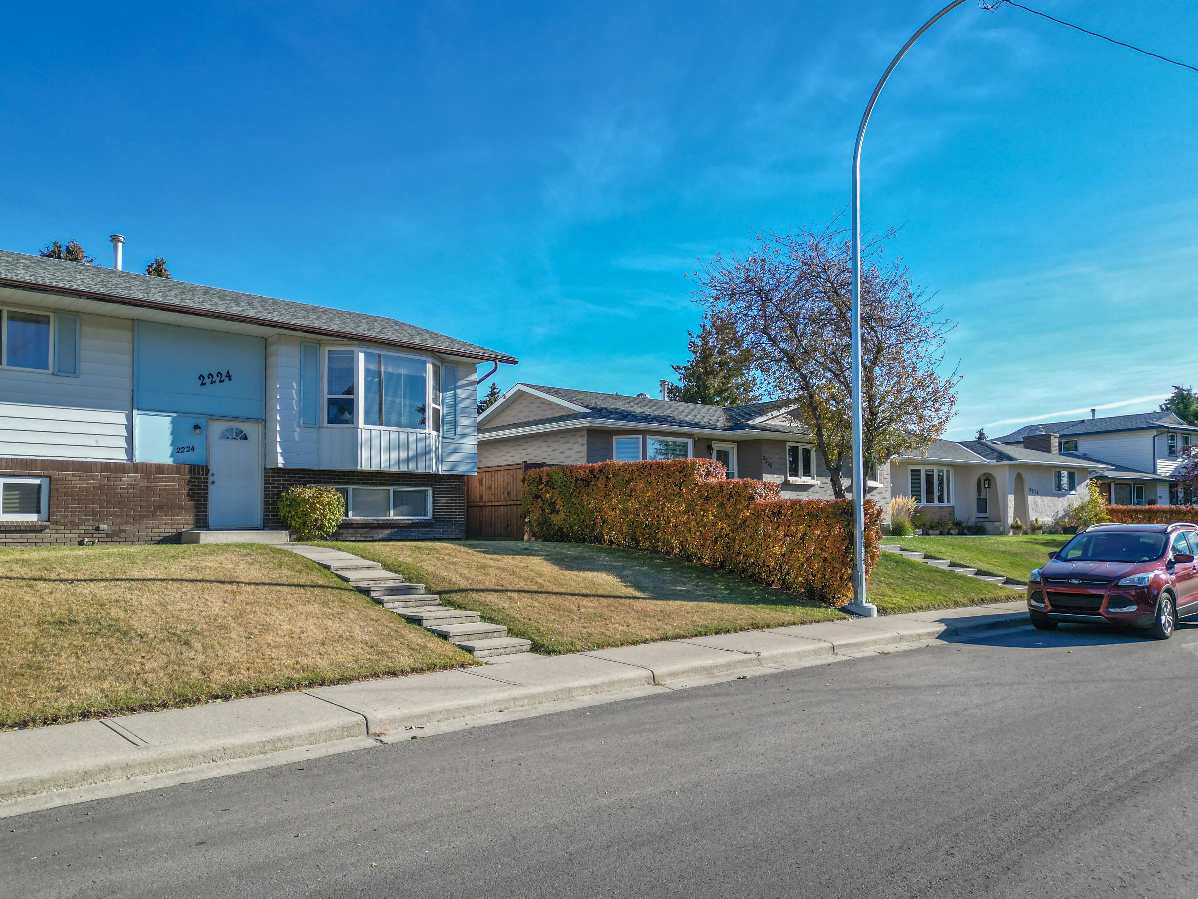 Bi-level home with a flowering tree and a front walkway