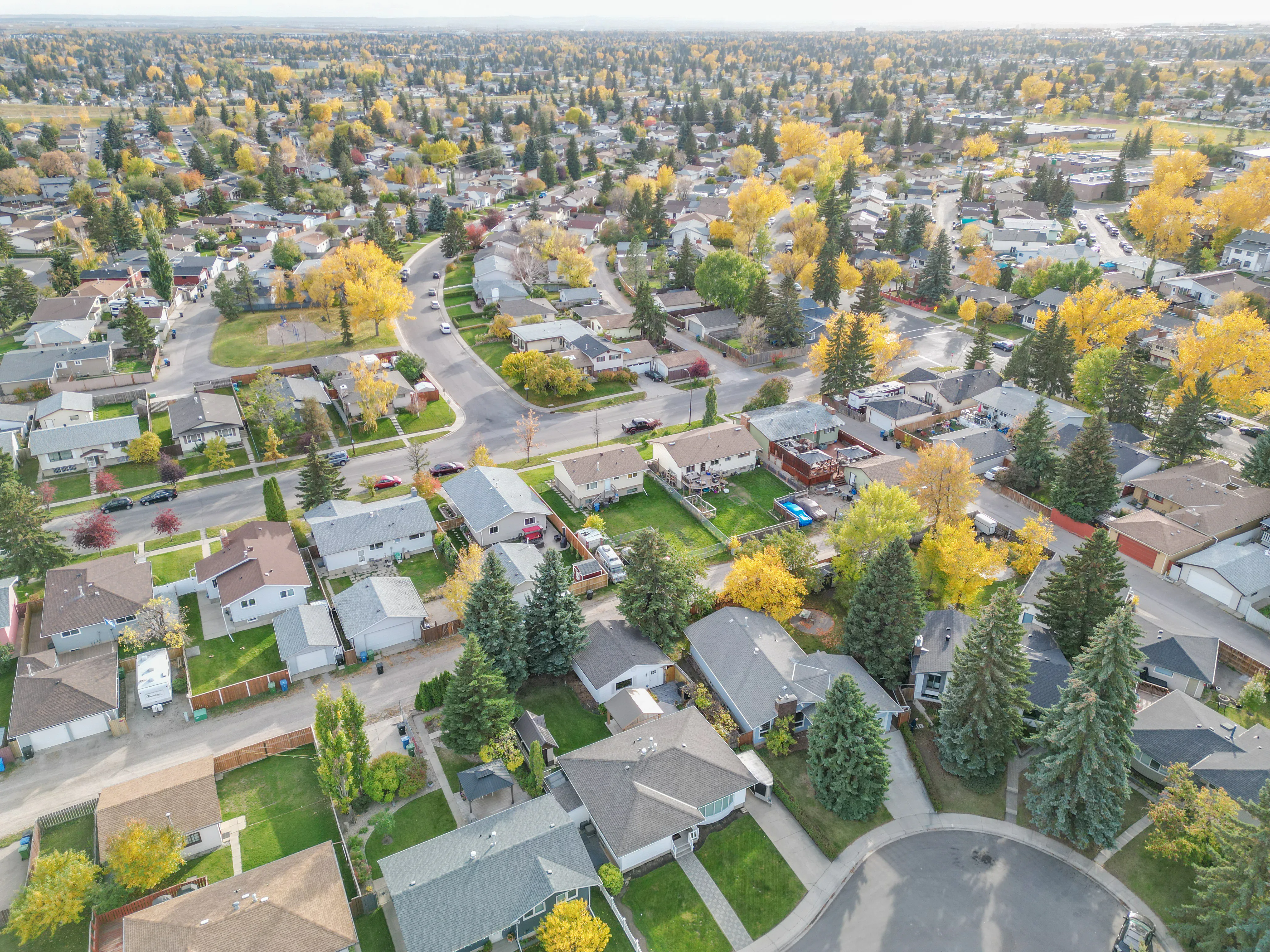 Aerial of bungalows with mature trees in fall colours