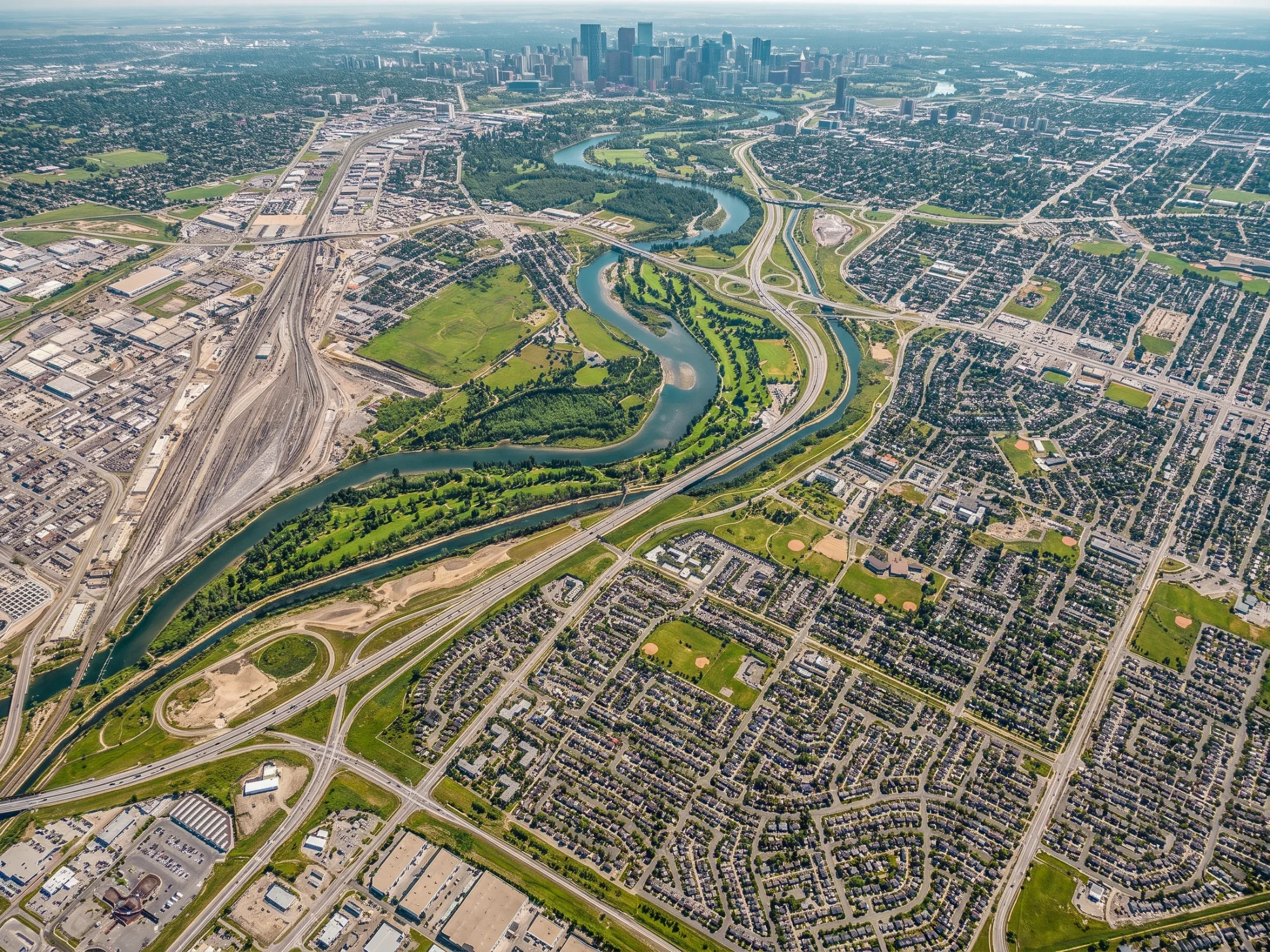 Aerial of the Bow River, park islands and the city beyond