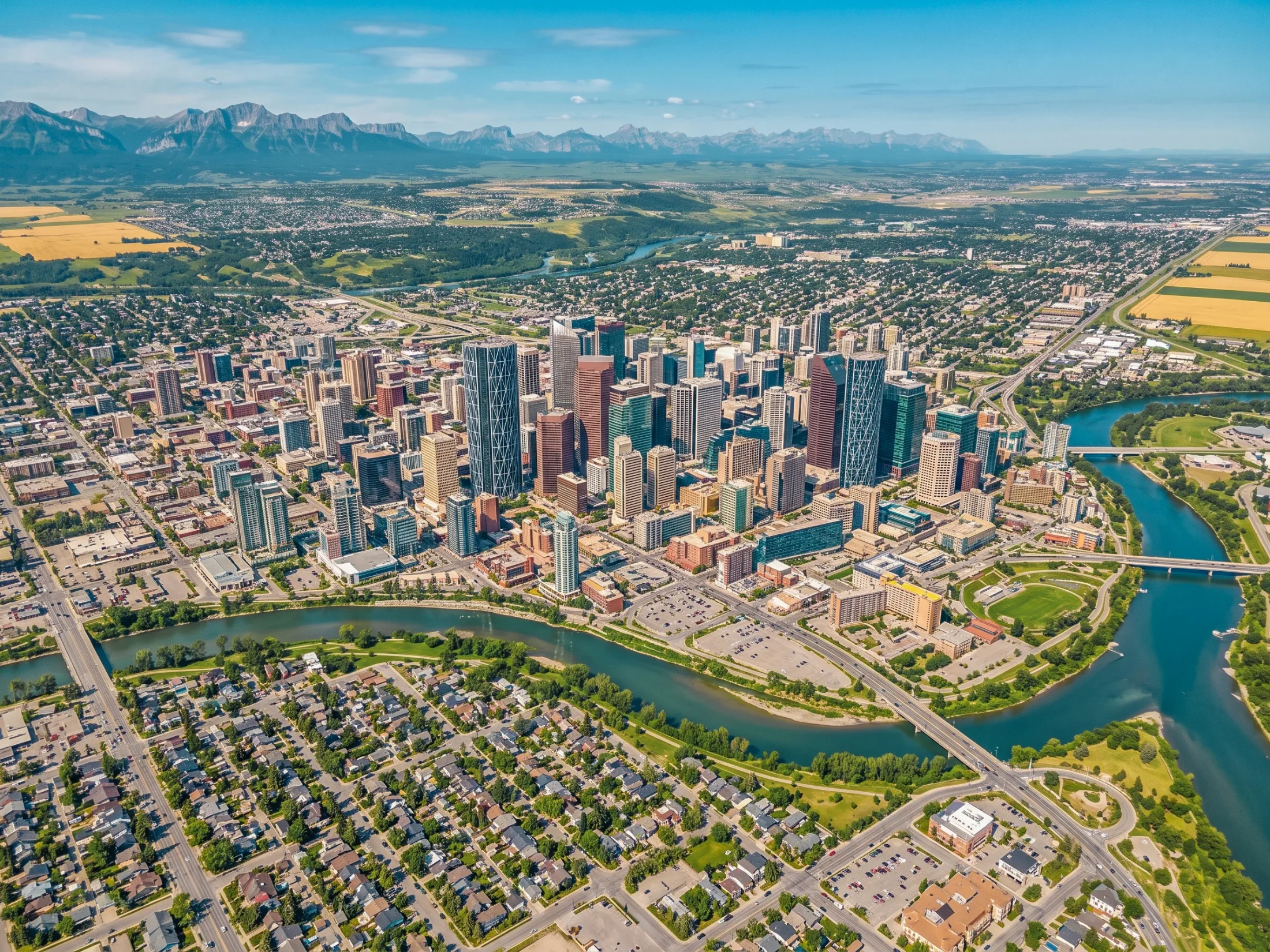 Aerial of downtown Calgary between the Bow and Elbow rivers