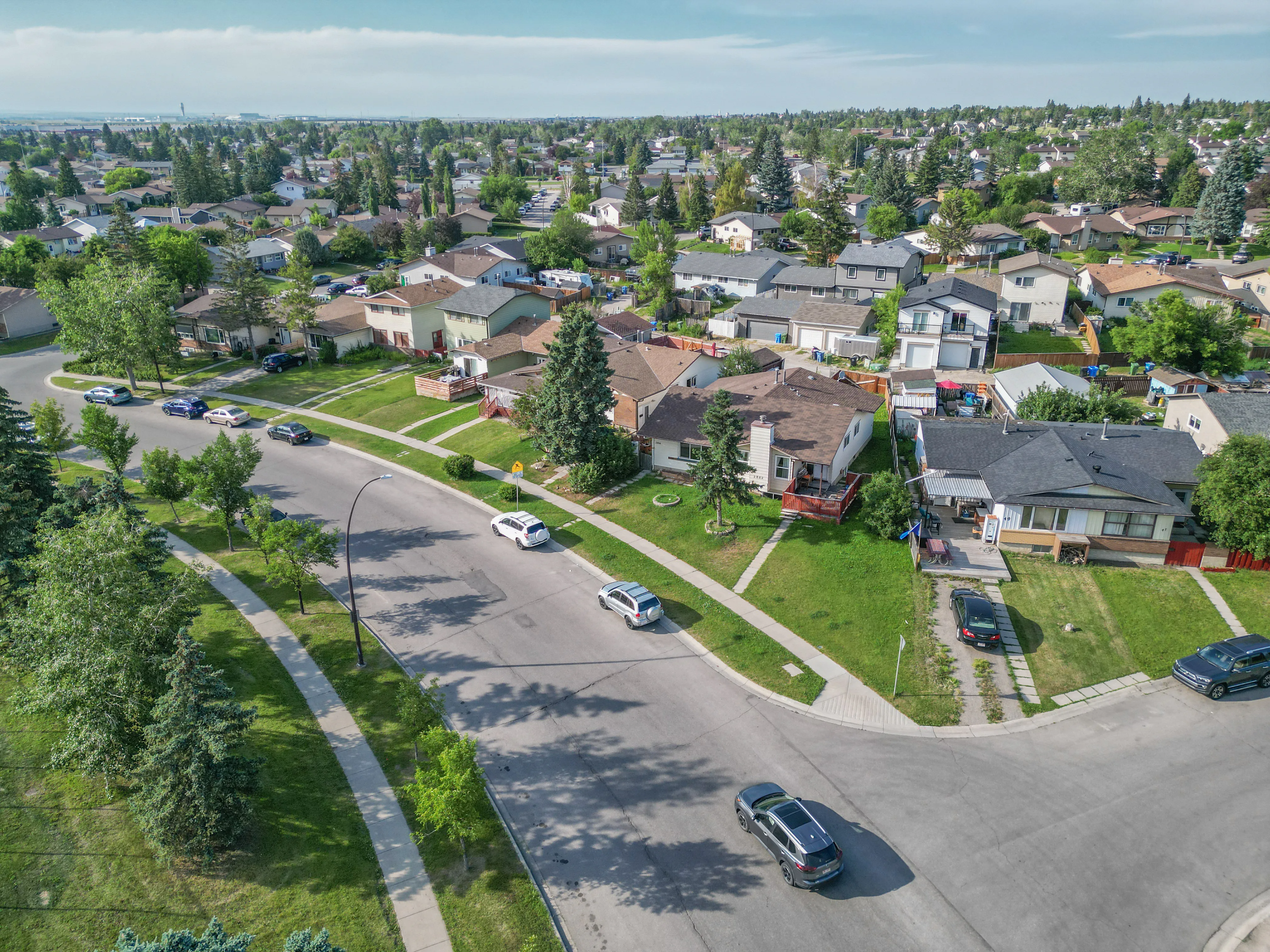 Aerial of homes along a curving street with mature trees