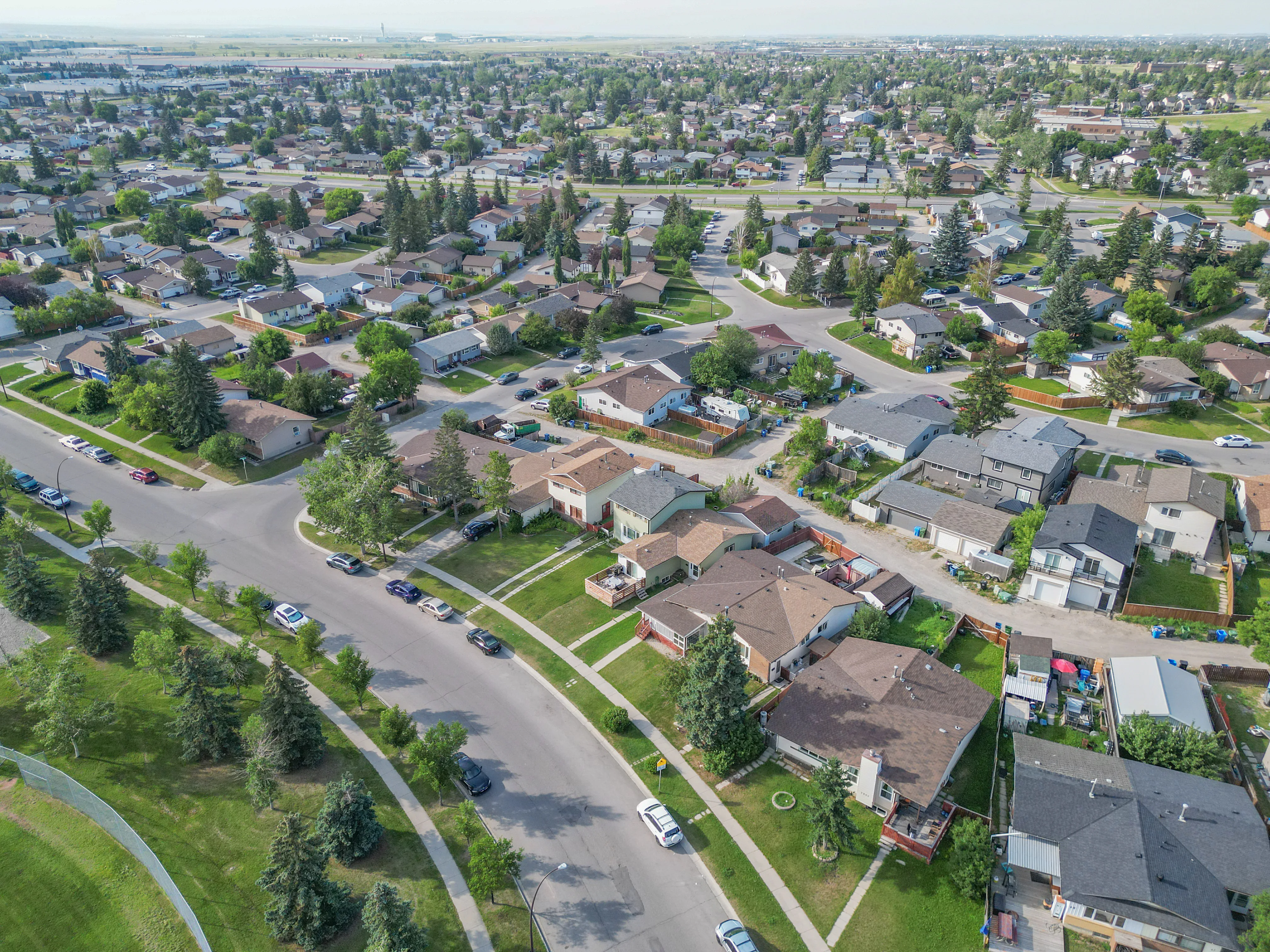 Aerial of a curving street lined with homes and trees