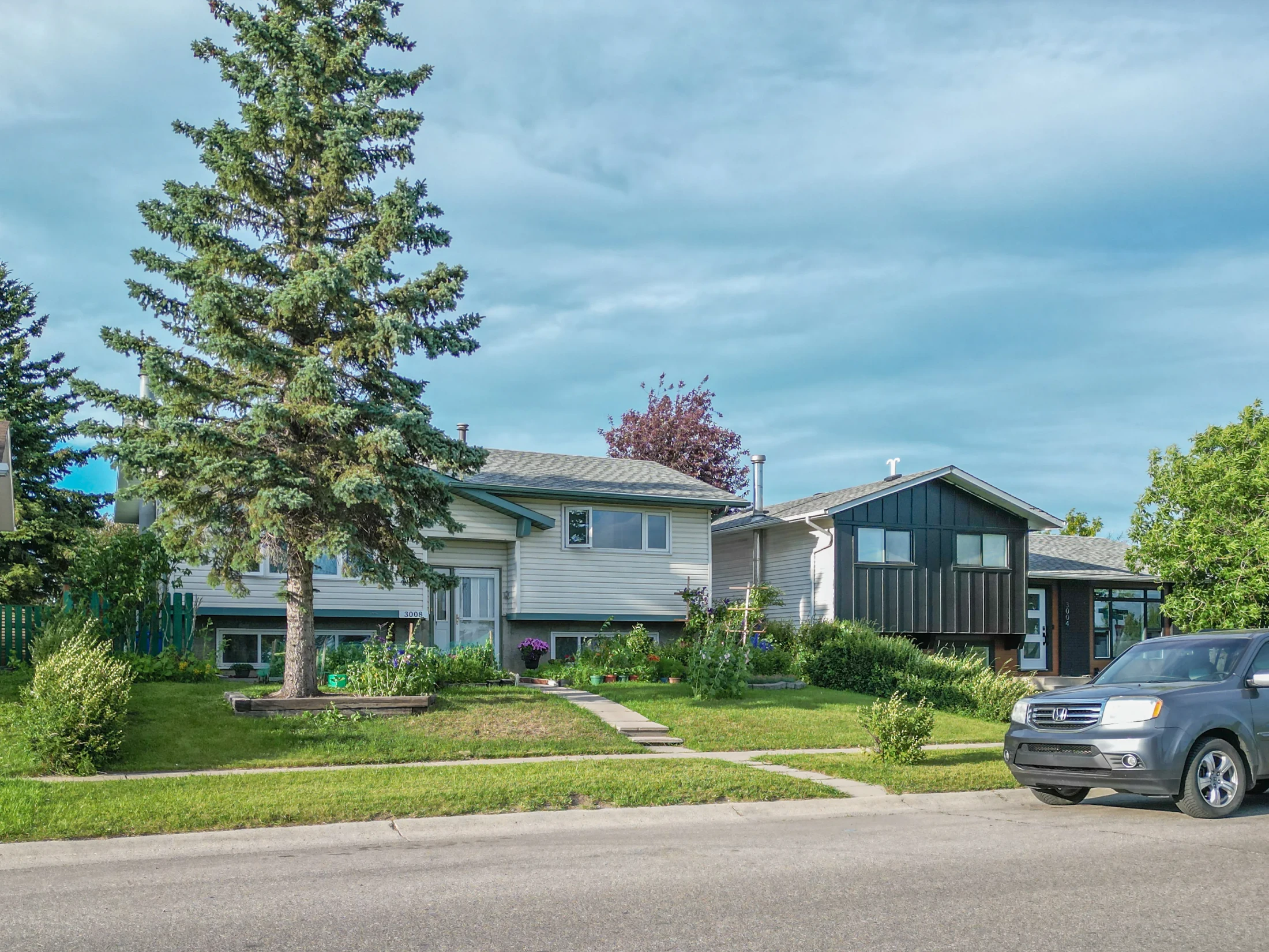 Bungalow with an evergreen tree and a front lawn on a residential street