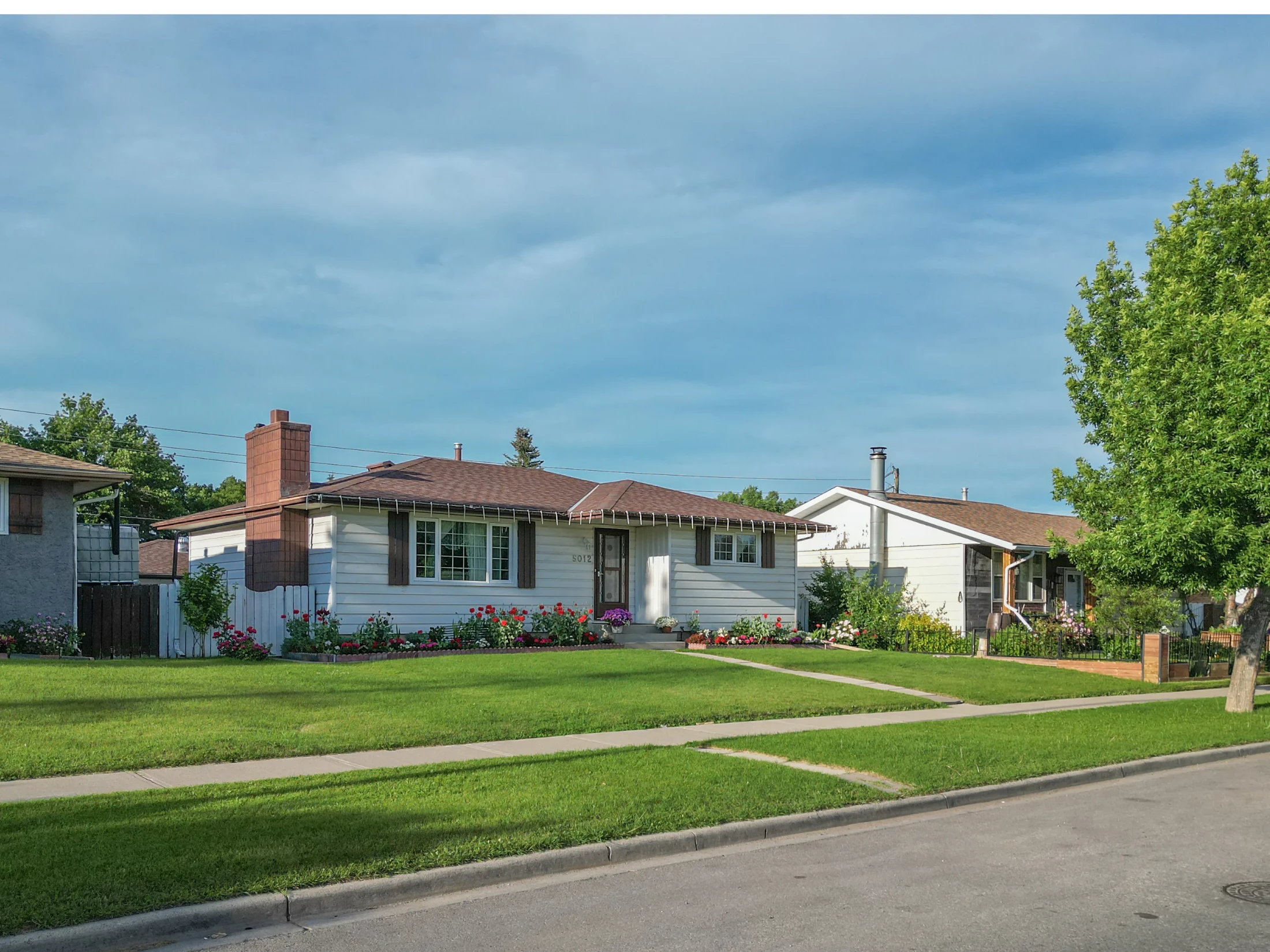 Bungalows with lawns and trees on a residential street