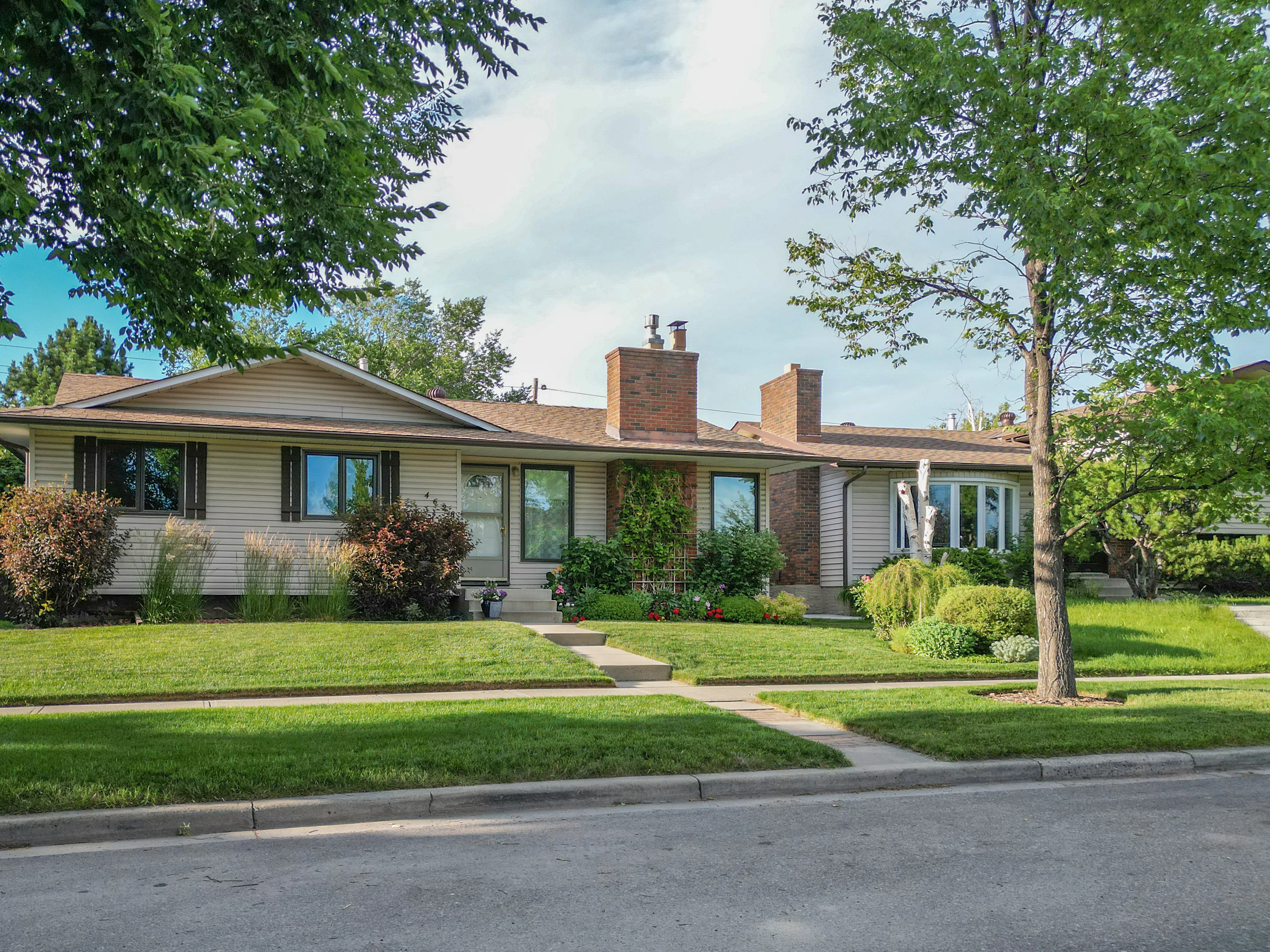 Bungalow with a low hedge and mature trees in the front yard